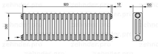 Схема (чертеж) Радиатор Zehnder Charleston 3030/20 №2670 Белый глянцевый RAL 9016